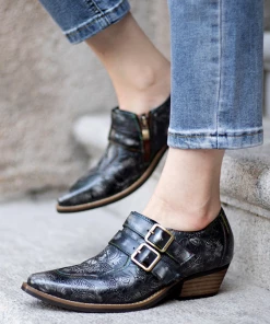 SOFFIA | Black Grey Floral Embossed Leather Monk New In Shoes