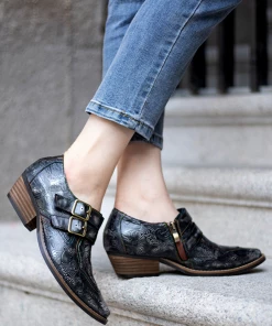 SOFFIA | Black Grey Floral Embossed Leather Monk New In Shoes