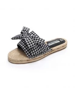 GLF Maibulun | Black Gingham Bow Straw Mat Slippers Slides Sandals