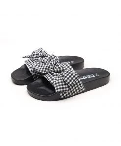 GLF NEW ARRIVALS Maibulun | Black Gingham Bow-Detail Slides Sandals