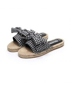 GLF Maibulun | Black Gingham Bow Straw Mat Slippers Slides Sandals