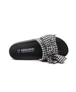 GLF NEW ARRIVALS Maibulun | Black Gingham Bow-Detail Slides Sandals