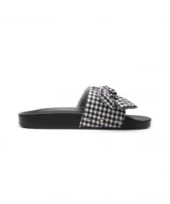 GLF NEW ARRIVALS Maibulun | Black Gingham Bow-Detail Slides Sandals