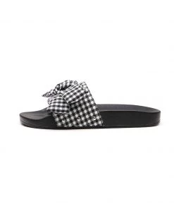 GLF NEW ARRIVALS Maibulun | Black Gingham Bow-Detail Slides Sandals