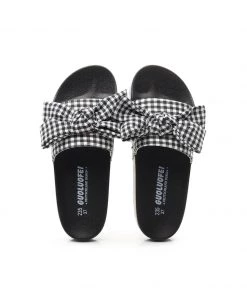 GLF NEW ARRIVALS Maibulun | Black Gingham Bow-Detail Slides Sandals