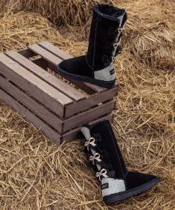 YL En Bloom | Black Ruched Back Tie-Accent Flat Comfy Combat Boots New In Shoes