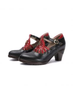 RXD NEW ARRIVALS SOFFIA | Black Genuine Leather Cut Out Vintage Mary Jane Heeled Pumps
