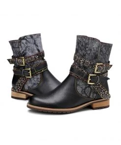 SOFFIA | Genuine Leather Gold Floral Embossed Strap Moto Boots 20 SOFFIA | Genuine Leather Gold Floral Embossed Strap Moto Boots