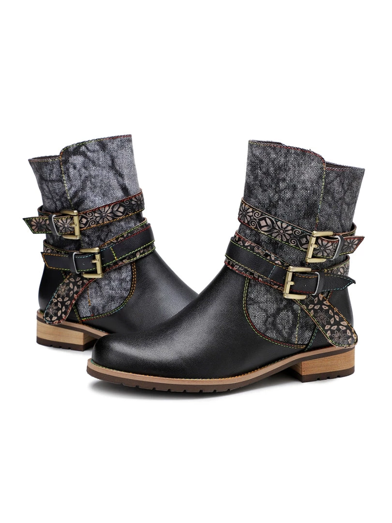 SOFFIA | Genuine Leather Gold Floral Embossed Strap Moto Boots 9 SOFFIA | Genuine Leather Gold Floral Embossed Strap Moto Boots