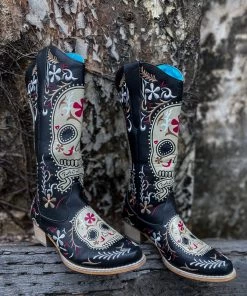 YL New In Shoes En Bloom | Floral Sugar Skull Cowboy Knee Boots - Black