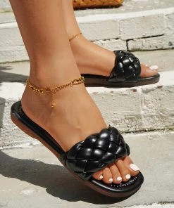 HT En Bloom | Black Matte Braided Slides Flat Sandals