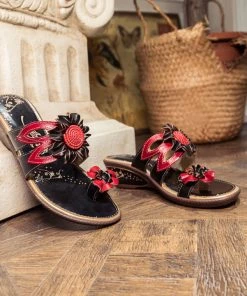JF SOFFIA | Genuine Leather Ring Toe Floral Appliqued Flat Flip Flop Sandals - Black
