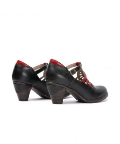 RXD NEW ARRIVALS SOFFIA | Black Genuine Leather Cut Out Vintage Mary Jane Heeled Pumps