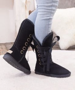 XH SMAIBULUN UGG™ | Black Ribbon Lace-Up Faux Fur-Lined Suede Boots New In Shoes