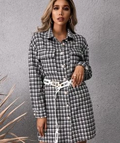 YBL Smaibulun | Black & White Plaid Tie-Waist Shirt Dress New In Clothing