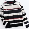 MY NEW ARRIVALS Smaibulun | Black White Red Stripe Crew Neck Knit Top