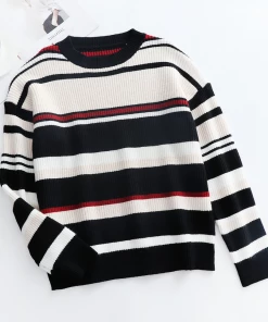 MY NEW ARRIVALS Smaibulun | Black White Red Stripe Crew Neck Knit Top