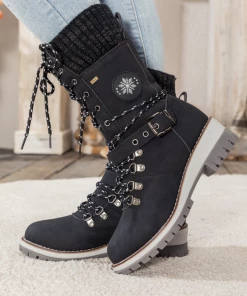 YL New In Shoes En Bloom | Black Ribbed-Cuff Buckle-Strap Boot