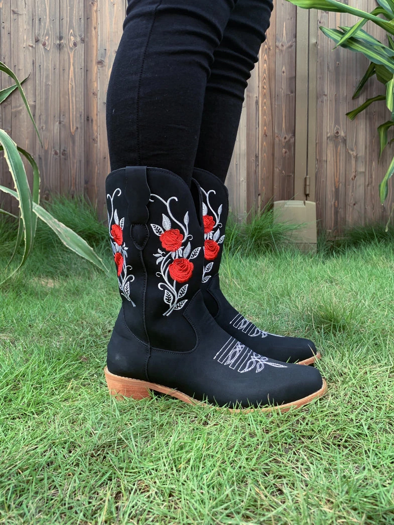 YL En Bloom | Black Rose Embroidered Floral Cowboy Heel Boots 1 YL En Bloom | Black Rose Embroidered Floral Cowboy Heel Boots