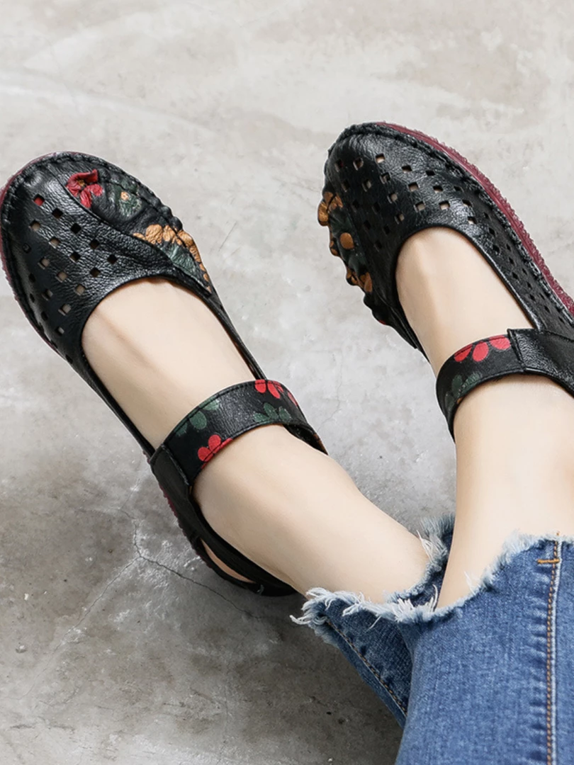 XR NEW ARRIVALS Rumour Has It | Perforated Flower Printed Leather Mary Jane - Black 1 XR NEW ARRIVALS Rumour Has It | Perforated Flower Printed Leather Mary Jane - Black