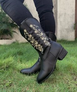 YL En Bloom | Black Lipper Floral Embroidered Cowboy Heel Boots