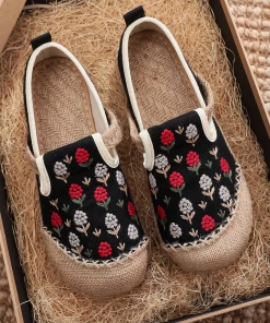TC Cactus Rose | Berry Blossom Embroidered Linen Espadrilles - Black NEW ARRIVALS