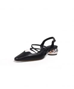 Jady Rose New In Shoes JadyRose | Double Strap-Detail Low Heel Point ToeLeather D'Orsay Pumps Sandal - Black