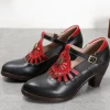 RXD NEW ARRIVALS SOFFIA | Black Genuine Leather Cut Out Vintage Mary Jane Heeled Pumps