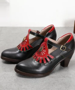 RXD NEW ARRIVALS SOFFIA | Black Genuine Leather Cut Out Vintage Mary Jane Heeled Pumps