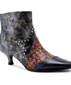 Genuine Leather Grey Distress Half Star Stud Kitten Heel Bootie Ankle Boots - Soffia Shoes
