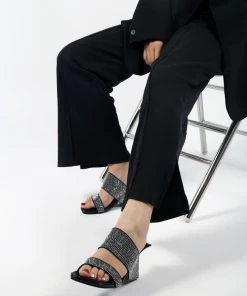 Jady Rose JADYROSE | ADALINA RHINESTONE BLACK LEATHER SLIDE NEW ARRIVALS