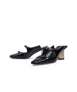 Jady Rose JadyRose | Bar-Accent Golden Mid Heel Leather Mules Loafers- Black