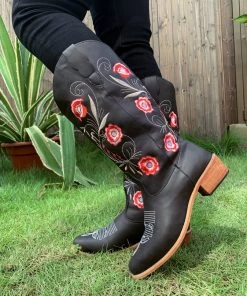 YL En Bloom | Black Morning Glory Embroidered Cowboy Knee Boots New In Shoes