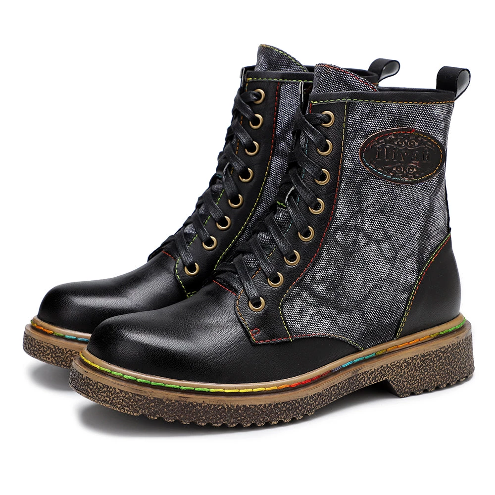 Tie Dye-Contrast Genuine Leather Combat Boots Ankle Boots - Soffia Shoes 7 Tie Dye-Contrast Genuine Leather Combat Boots Ankle Boots - Soffia Shoes