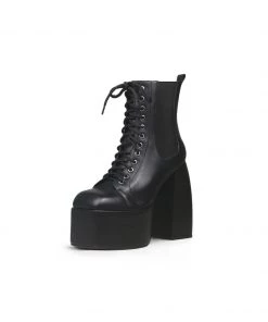 Jady Rose JadyRose | Genuine Leather Chunky Heel Lace-Up Black Platform Chelsea Boots New In Shoes