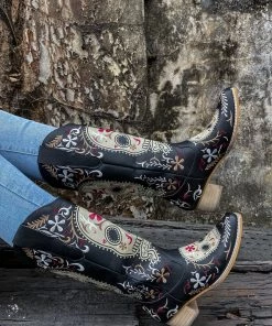 YL New In Shoes En Bloom | Floral Sugar Skull Cowboy Knee Boots - Black