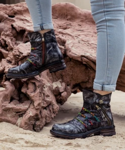 SOFFIA | Genuine Leather Rainbow Stitch Floral Embossed Ankle Boots NEW ARRIVALS