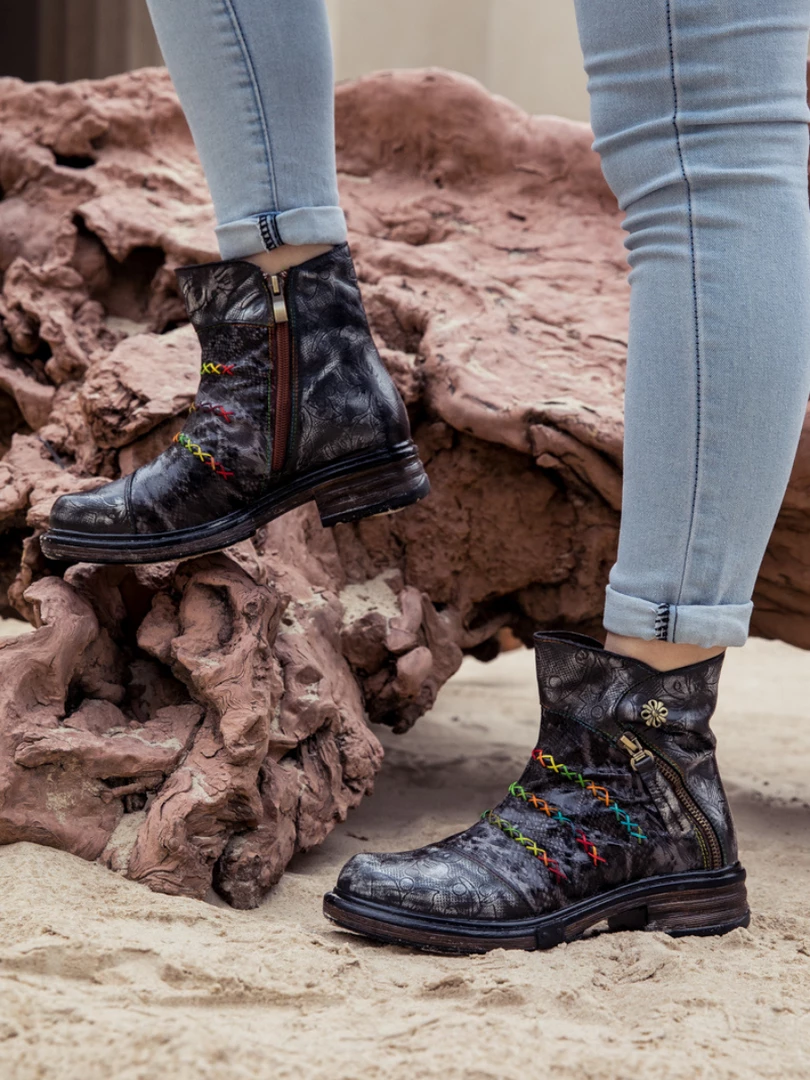 SOFFIA | Genuine Leather Rainbow Stitch Floral Embossed Ankle Boots NEW ARRIVALS 1 SOFFIA | Genuine Leather Rainbow Stitch Floral Embossed Ankle Boots NEW ARRIVALS