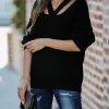 MY Smaibulun | COLENA Black Cut Out V-neck Pullover