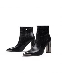 Jady Rose New In Shoes JadyRose | Black Amalee Croc-Embossed Leather Bootie