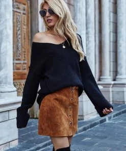 MY New In Clothing Smaibulun | MACHE Low V-Neck Oversize Sleeve Knit Top - Black