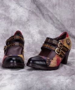 RXD New In Shoes SOFFIA | Genuine Leather; Geometric Double-Strap Heel Pumps Mary Jane Shoes - Black