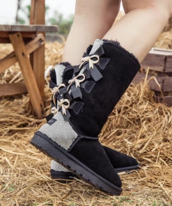XH NEW ARRIVALS SMAIBULUN UGG™ | Back Rhinestone & Ribbon Tri-Tie Bow Black Suede Boots