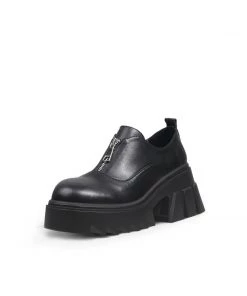 Jady Rose JadyRose | Chunky Heel Pure Zipper Genuine Leather Sneaker - Black NEW ARRIVALS