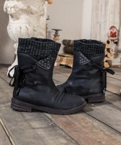 YL En Bloom | Black Ruched Back Tie-Accent Flat Comfy Combat Boots New In Shoes