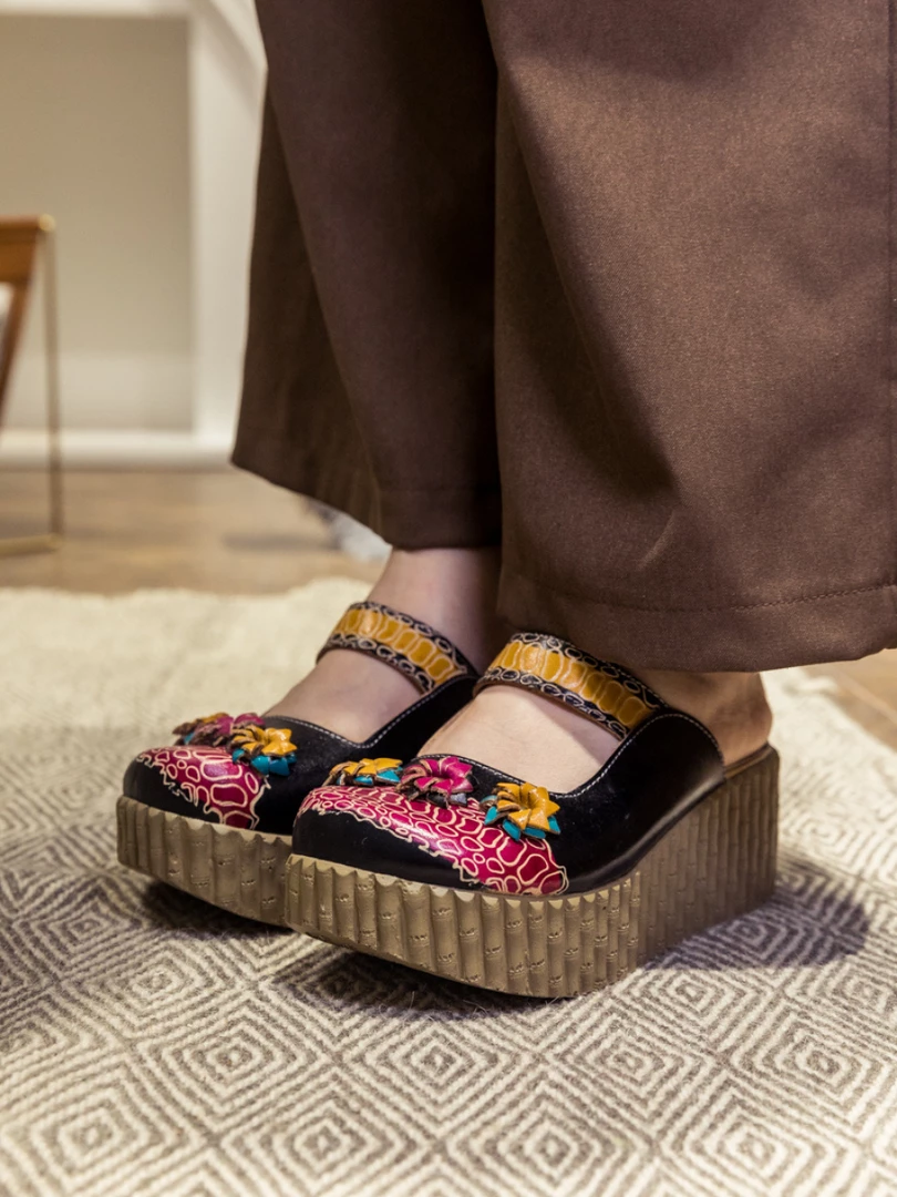 JF SOFFIA | Genuine Leather Black Ribbed-Sole Tri-Floral Appliqued Clogs 1 JF SOFFIA | Genuine Leather Black Ribbed-Sole Tri-Floral Appliqued Clogs