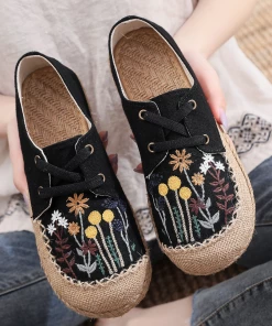 TC Cactus Rose | Garden Embroidered Linen Boat Shoes Espadrilles - Black NEW ARRIVALS
