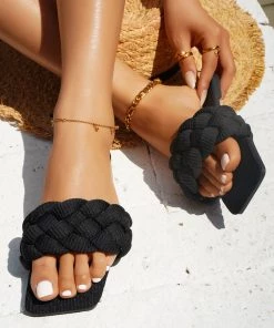 HT EN BLOOM | WOVEN BRAIDED UPPER SLIDES - BLACK