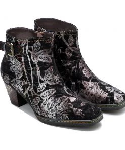Buckle Strappy Silver Floral Velvet Ankle Boots Heel Boots -Soffia Shoes