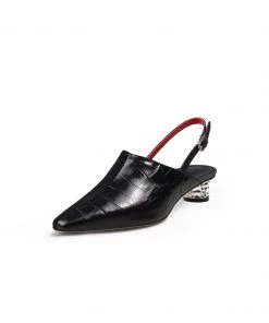 Jady Rose New In Shoes JadyRose | Strap-Detail Crystal Heel Leather D'Orsay Point Toe Pumps Sandals Loafers- Black